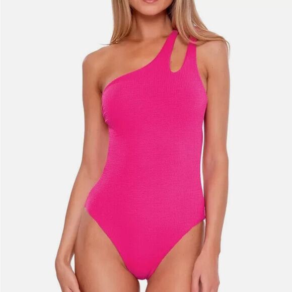 Becca Hot Pink Asymmetrical One Piece Swimsuit New - Picture 1 of 5